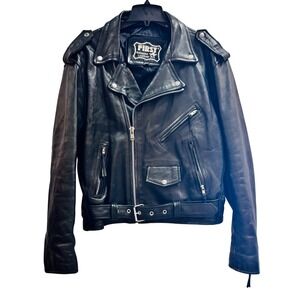 First Genuine Leather Black Moto Biker Jacket Embossed Back Native Chief Large